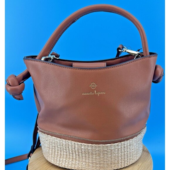 Nanette Lepore Reese Bucket Rattan Bottom Vegan Leather Bag Purse Brown/Tan - Picture 4 of 14